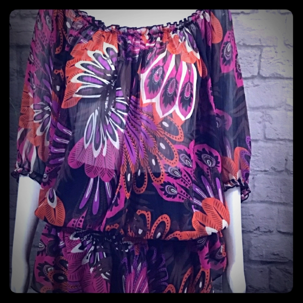 💜 Pure Energy bold floral, psychedelic blouson top Size 1X with 3/4 Sleeves
